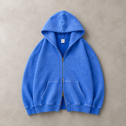 Lucrown™ Vintage Wash Double-Zip Hoodie