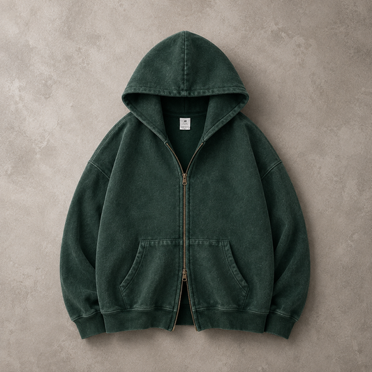 Lucrown™ Vintage Wash Double-Zip Hoodie