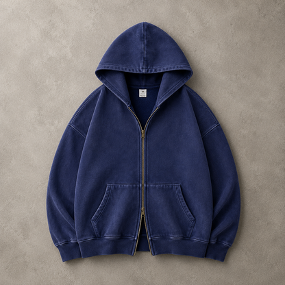 Lucrown™ Vintage Wash Double-Zip Hoodie