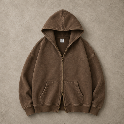 Lucrown™ Vintage Wash Double-Zip Hoodie